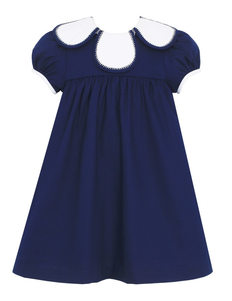 Claire & Charlie Girls Navy Blue Pique Dress - White Tulip Petal Collar