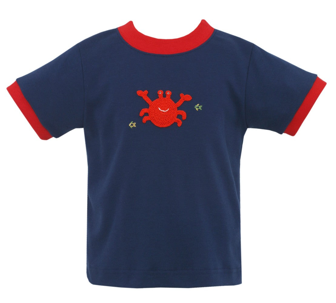 Claire & Charlie Boys Navy Blue Tee Shirt - Crochet Red Crab