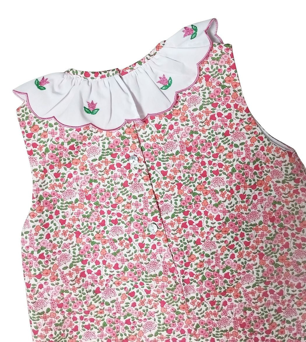 Marco & Lizzy Girls Pink Floral Sleeveless Dress - Embroidered Collar