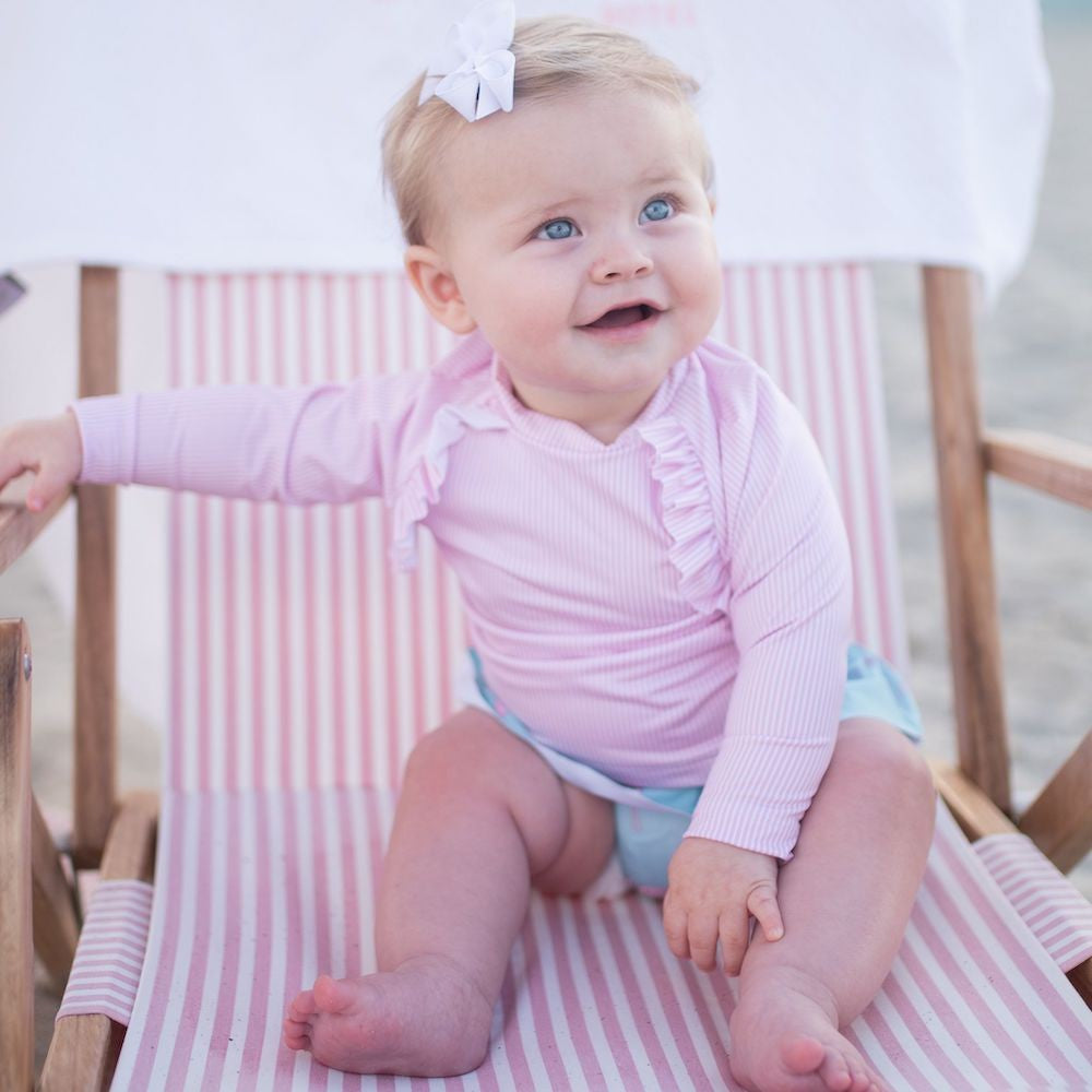 James & Lottie Girls Charlotte Rash Guard Swim Set - Pink Stripe Top with Flamingo Print Ruffle Bottoms
