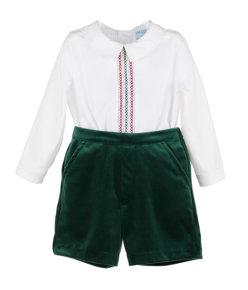 Luli & Me Boys Dressy Shorts Set with Holiday Embroidery - Velvet - Green