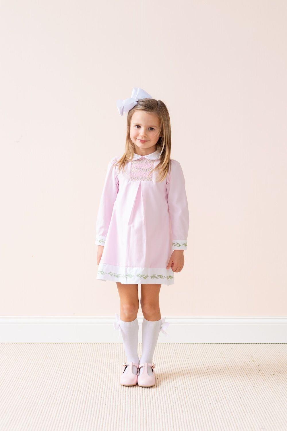 La Boutique by Dondolo Girls Smocked Dress - Pink with Christmas Evergreen Embroidery
