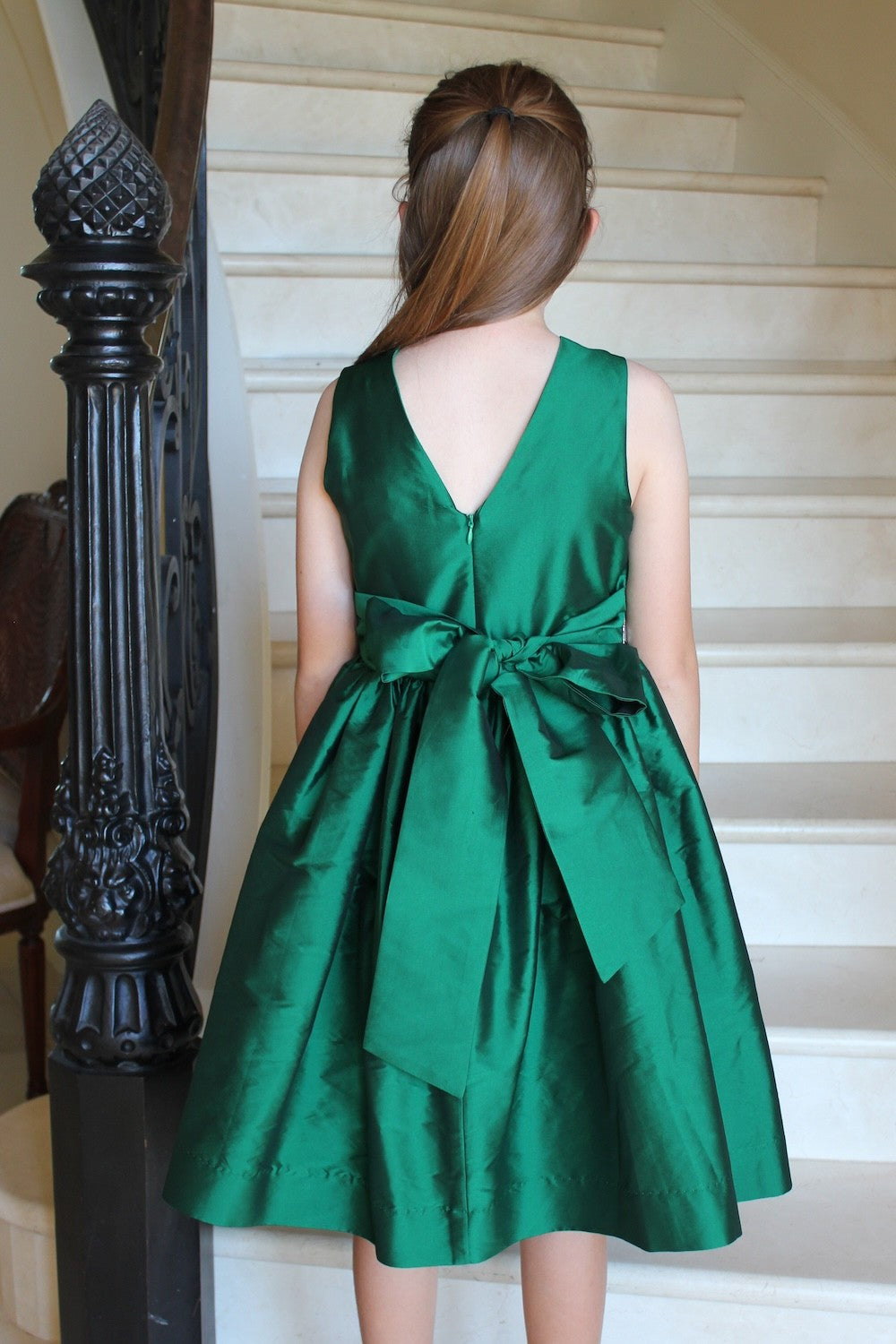 Susanne Lively Girls Green Christmas Party Dress with Sparkle Trim & V-Back
