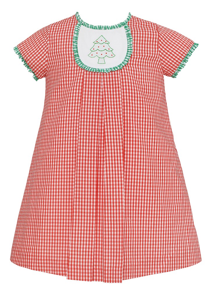 Claire & Charlie Girls Red Check Dress - Embroidered Christmas Tree on Tab with Ruffles - Short Sleeves by Claire & Charlie