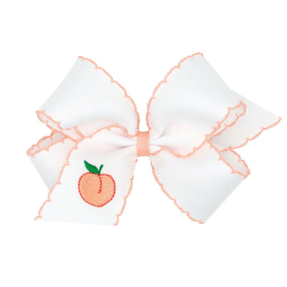 Wee Ones Girls Hair Bow - White with Coral Moonstitch - Embroidered Peach