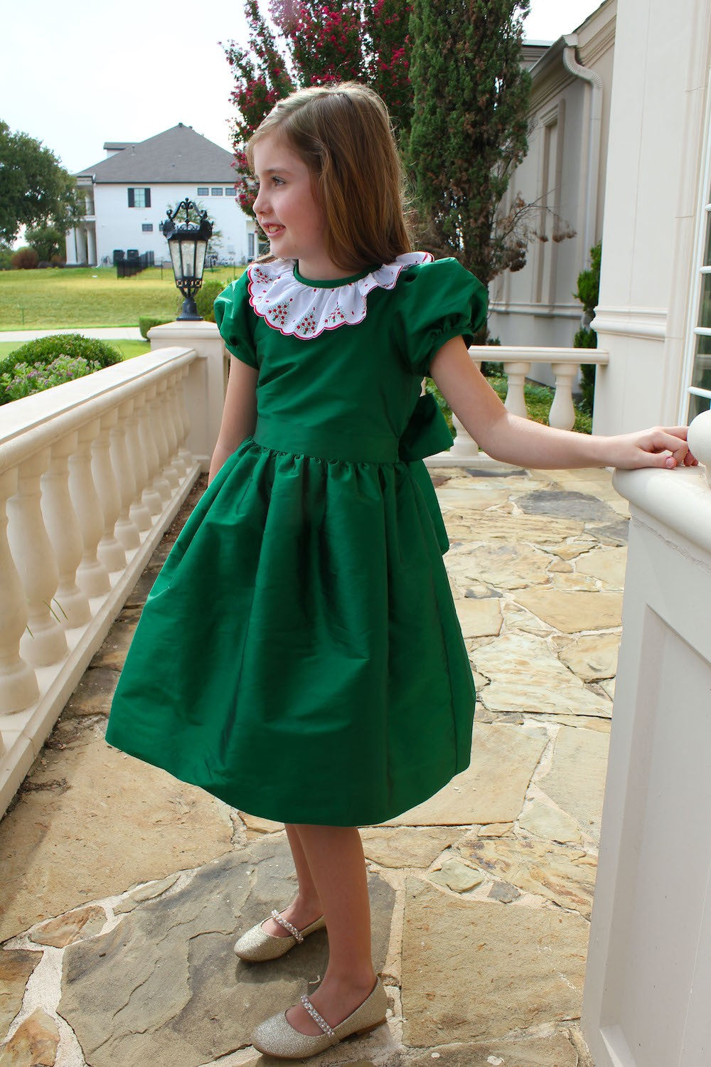 Susanne Lively Girls Emerald Green Dress - Embroidered Christmas Trees Ruffle Collar