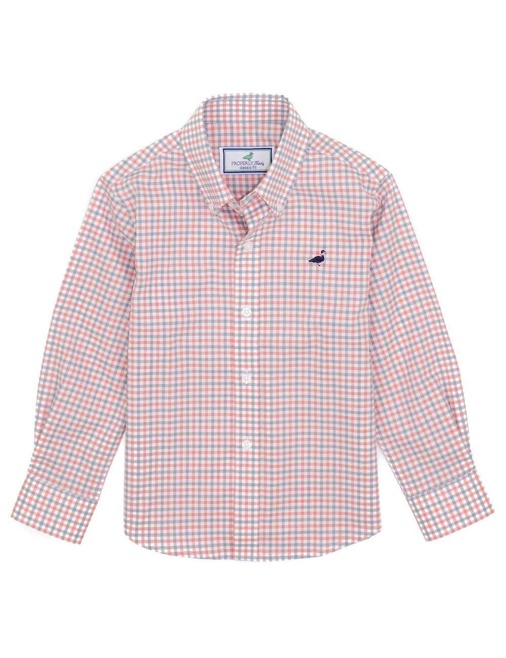 Properly Tied Boys Sport Shirt - Coral / Gray Windowpane Hampton