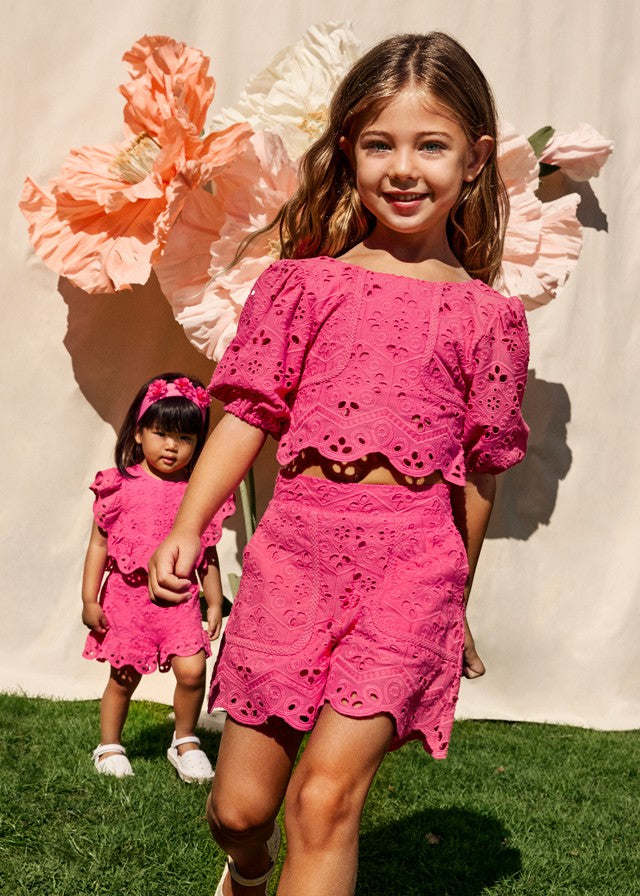 Abel & Lula Girls Fuchsia Pink Eyelet Embroidered Dressy Shorts Set