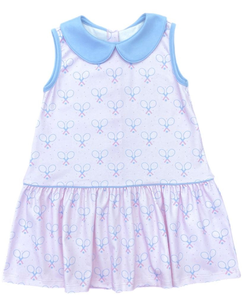 James & Lottie Girls Pima Tenley Tennis Dress - Racquets Print - Blue Collar