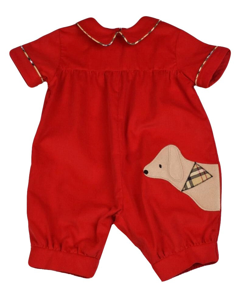 Funtasia Too Baby Boys Red Corduroy Short Romper - Applique Dog by Funtasia