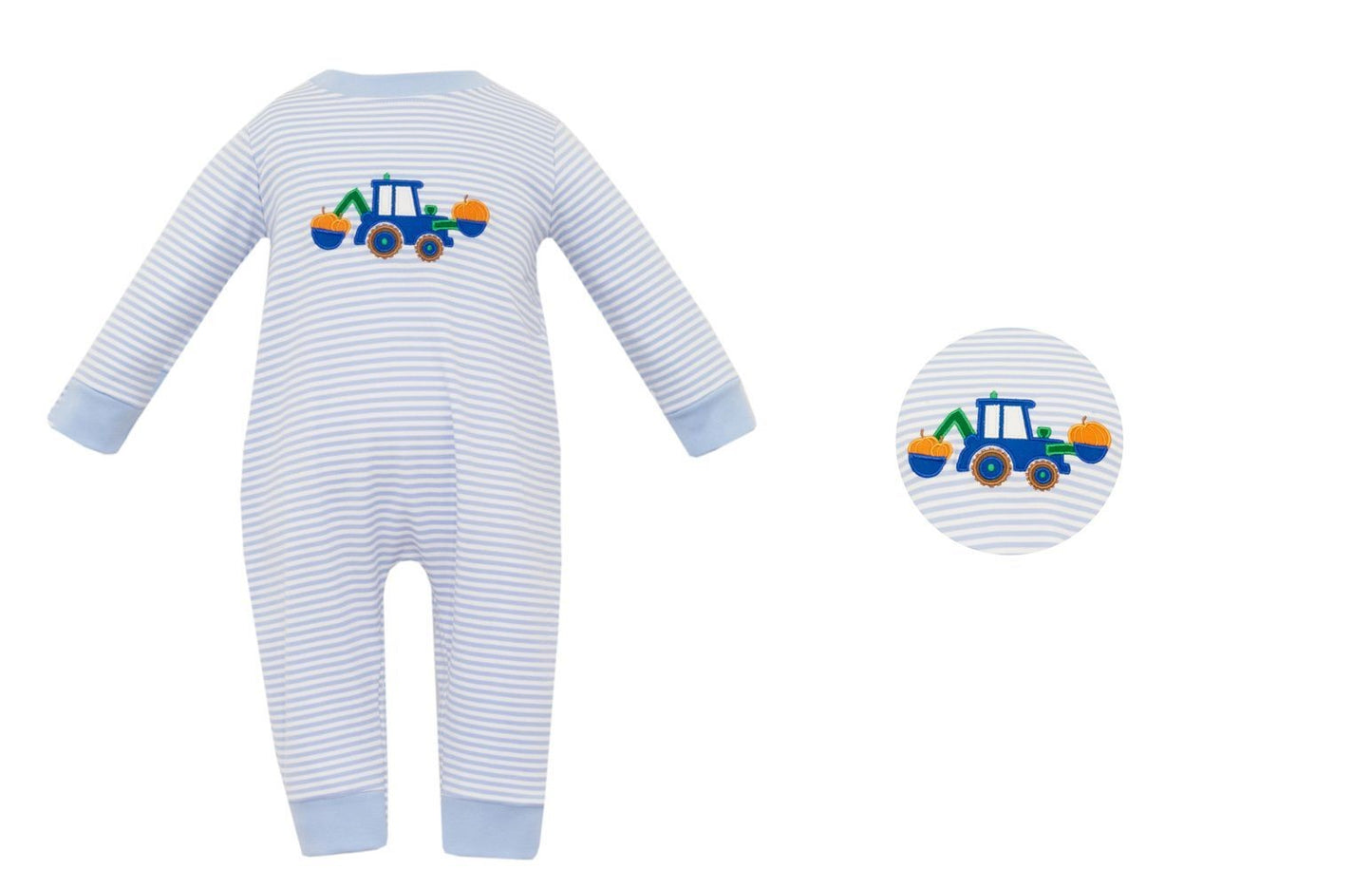 Claire & Charlie Baby Boys Light Blue Striped Romper - Applique Pumpkin Truck