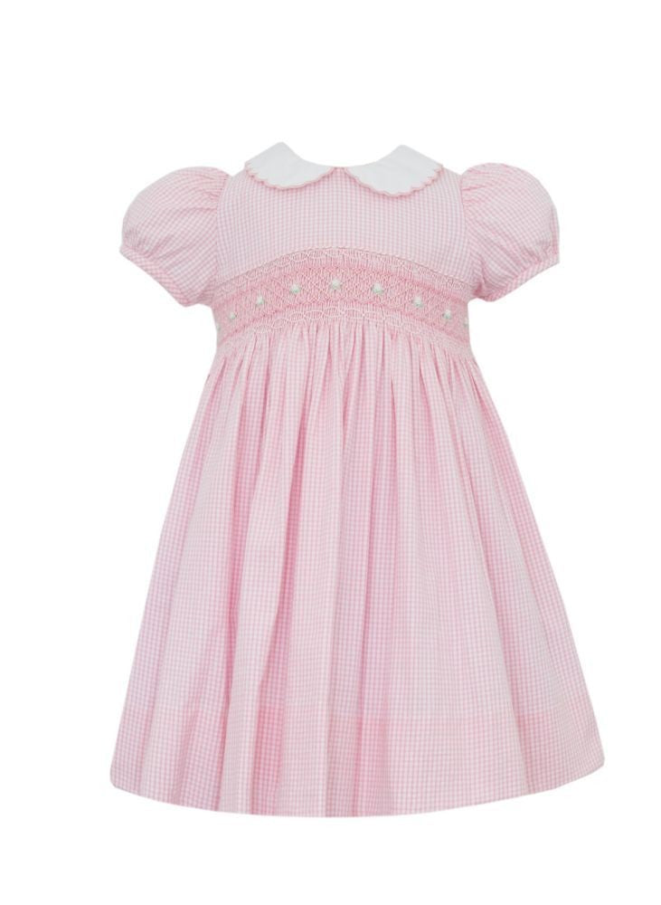 Anavini Girls Pink Gingham Seersucker Smocked Dress with Collar