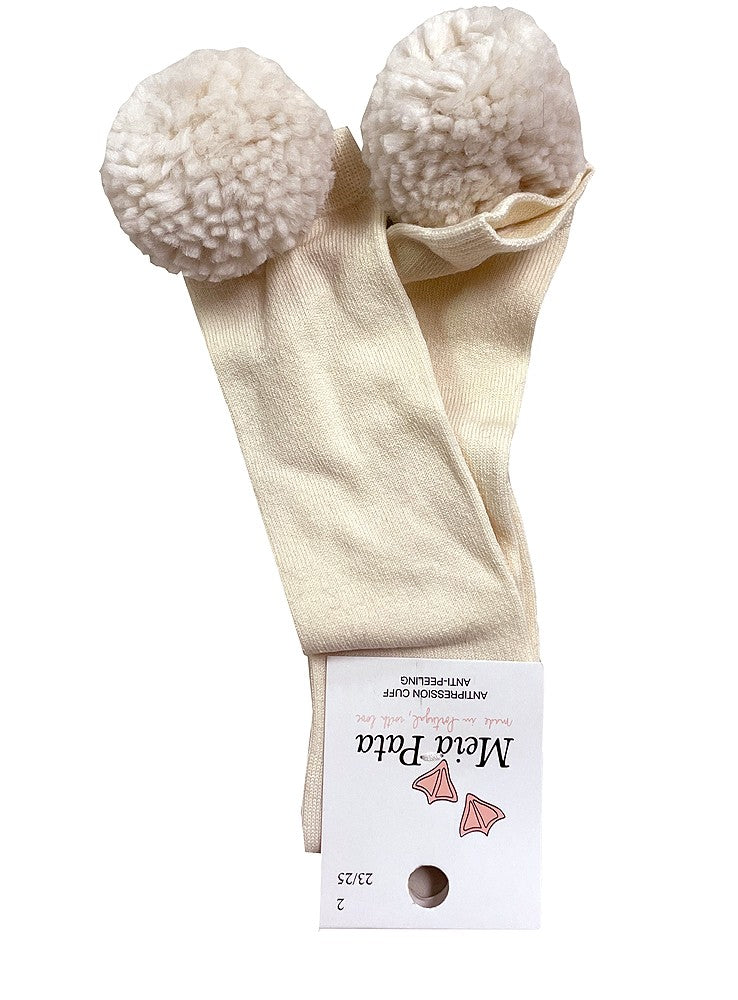 Meia Pata Girls Knee High Socks - Fluffy Pom Poms - Ivory Pearl