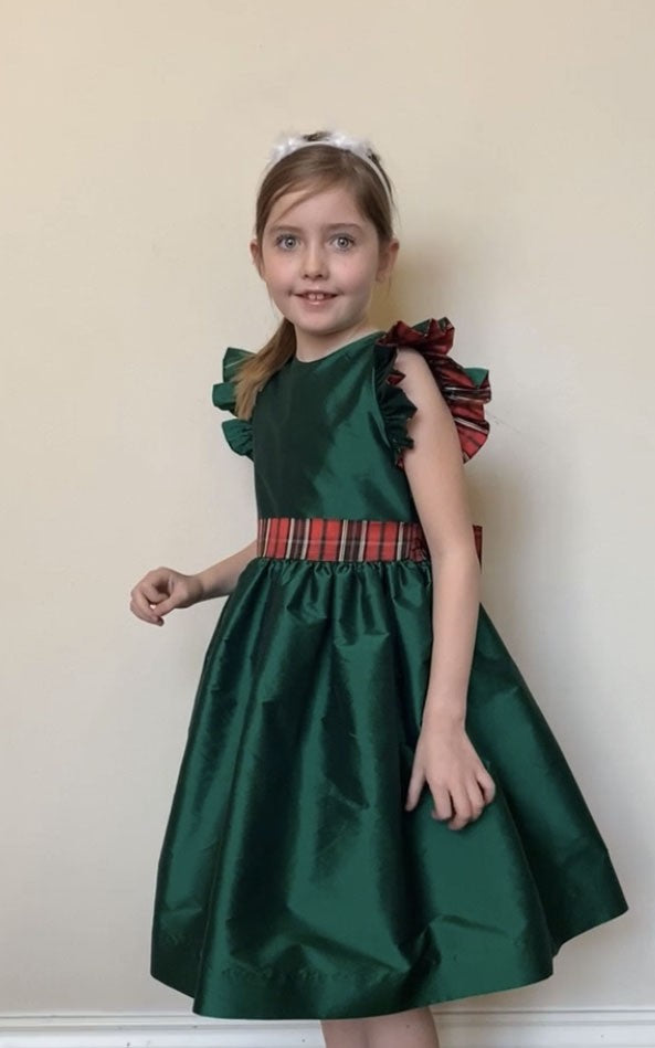 Susanne Lively Girls Green Christmas Dress - Holiday Plaid Sash & Trim in Flutter Sleeves by Susanne Lively