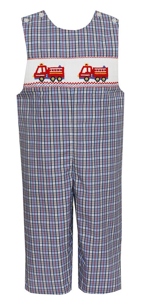 Anavini Baby / Toddler Boys Navy Blue / Red Plaid Smocked Firetrucks Longall by Anavini