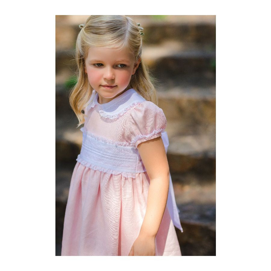 Sal & Pimenta Girls Dress with Cummerbund Sash - Light Pink Linen