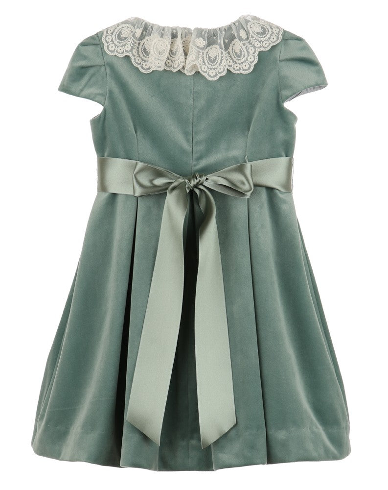 Luli & Me Girls Deluxe Velvet Dress - Lace Collar - Ribbon Sash - Aqua Sage Green