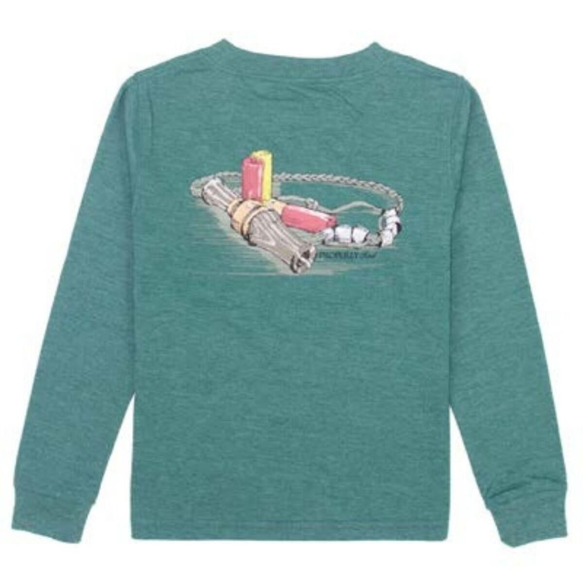 Properly Tied Tee Shirt - Logo Pocket - Long Sleeves - Back Graphic - The Duck Call on Heather Hunter Green
