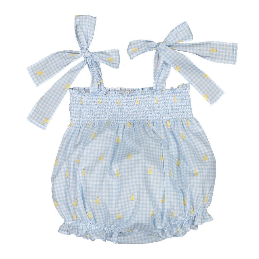 Sal & Pimenta Baby Girls Blue Check Bubble with Ties - Embroidered Ducklings
