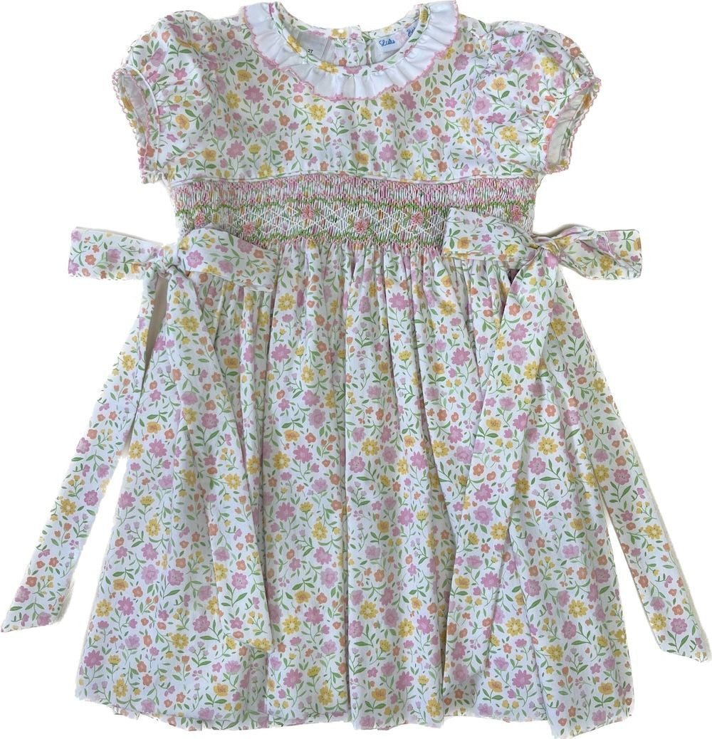LuLu BeBe Girls Pink Spring Floral Smocked Dress - Ruffle Neck & Bows at Sides by LuLu BeBe