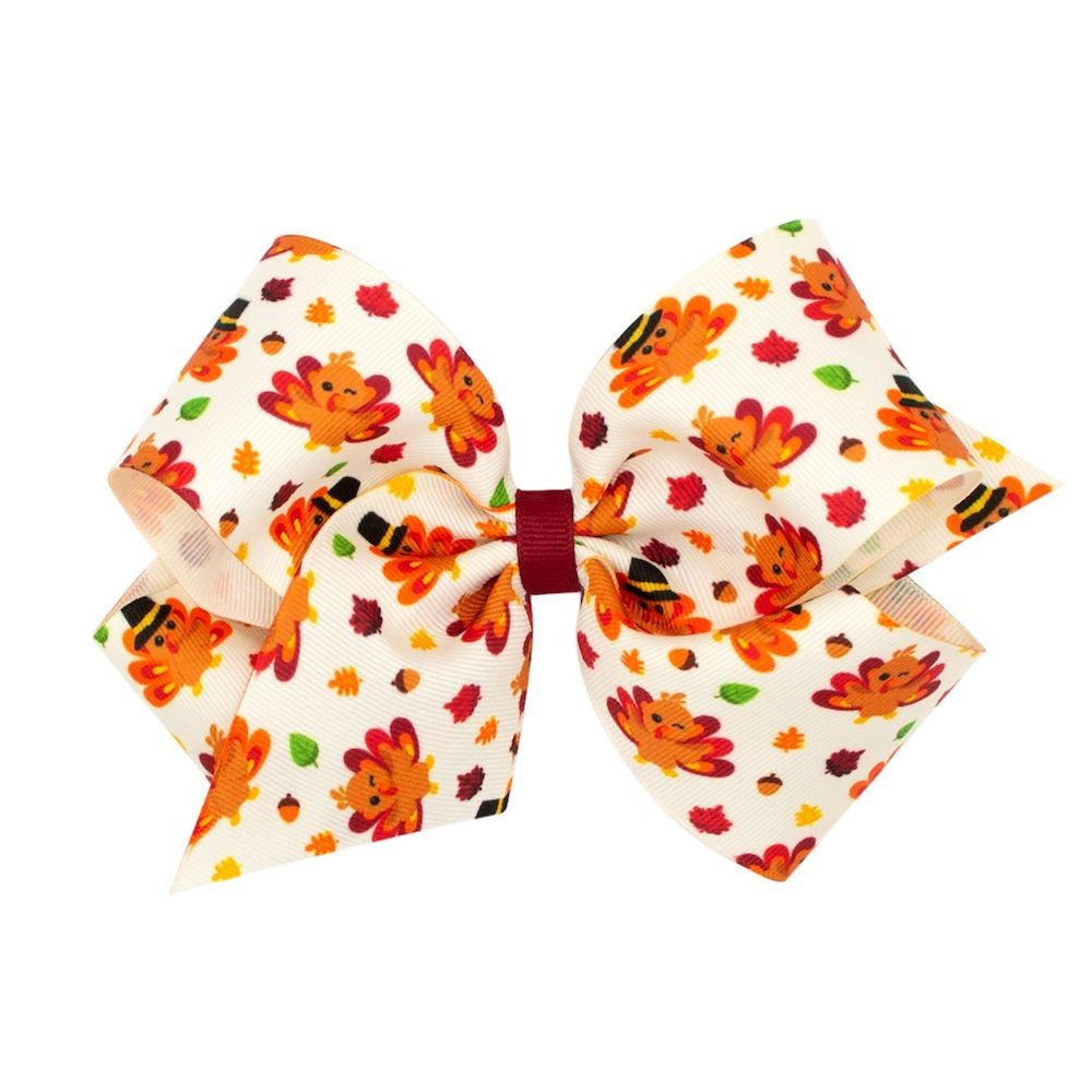 Wee Ones Girls Harvest Theme Printed Grosgrain Bow - Thanksgiving Turkey