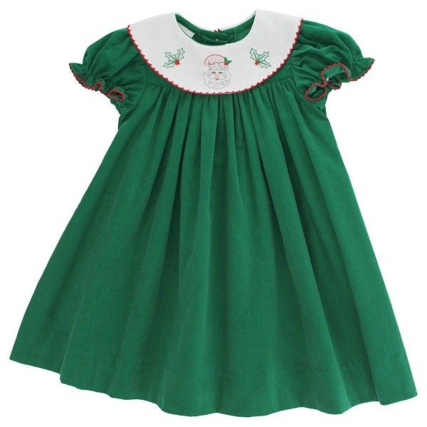 Bailey Boys Girls Green Cord Float Dress - Santa and Holly Embroidered Collar