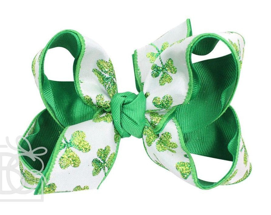 Beyond Creations Girls Layered Double Knot Bow on Clip - Green Lucky Clover St. Patrick's Shamrocks