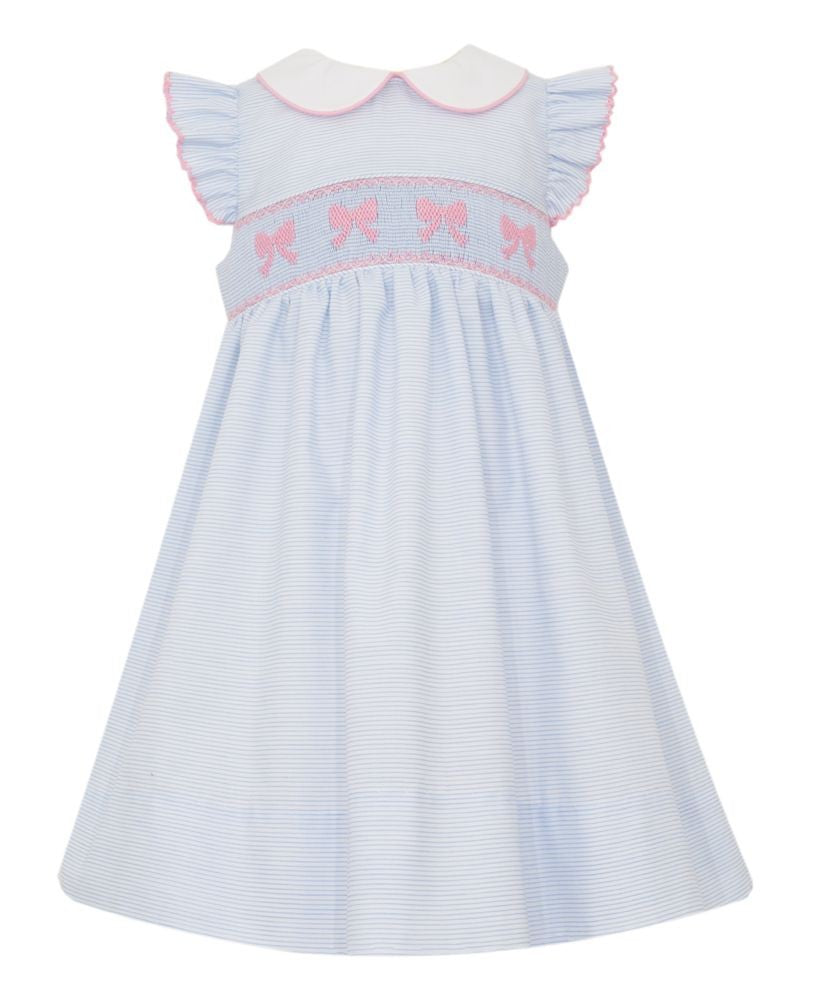 Petit Bebe Toddler Girls Blue Striped Smocked Pink Bows Dress with Collar by Petit Bebe