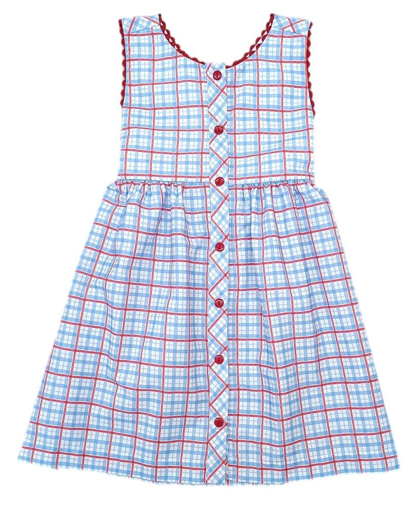 James & Lottie Girls Sammy Cross Back Dress - Patriotic Plaid