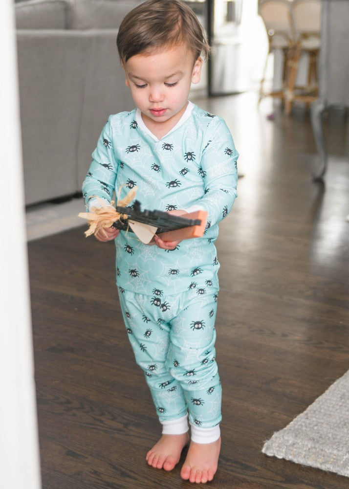 James & Lottie Boys Jammies - Aqua with Halloween Spiders