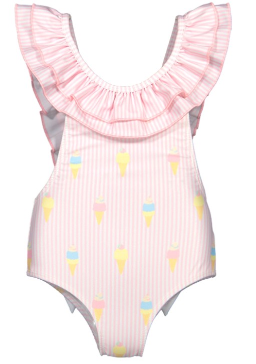 Sal & Pimenta Girls Ruffle Swimsuit - I Melt With You Ice Cream Print - Bow on Back - Pink