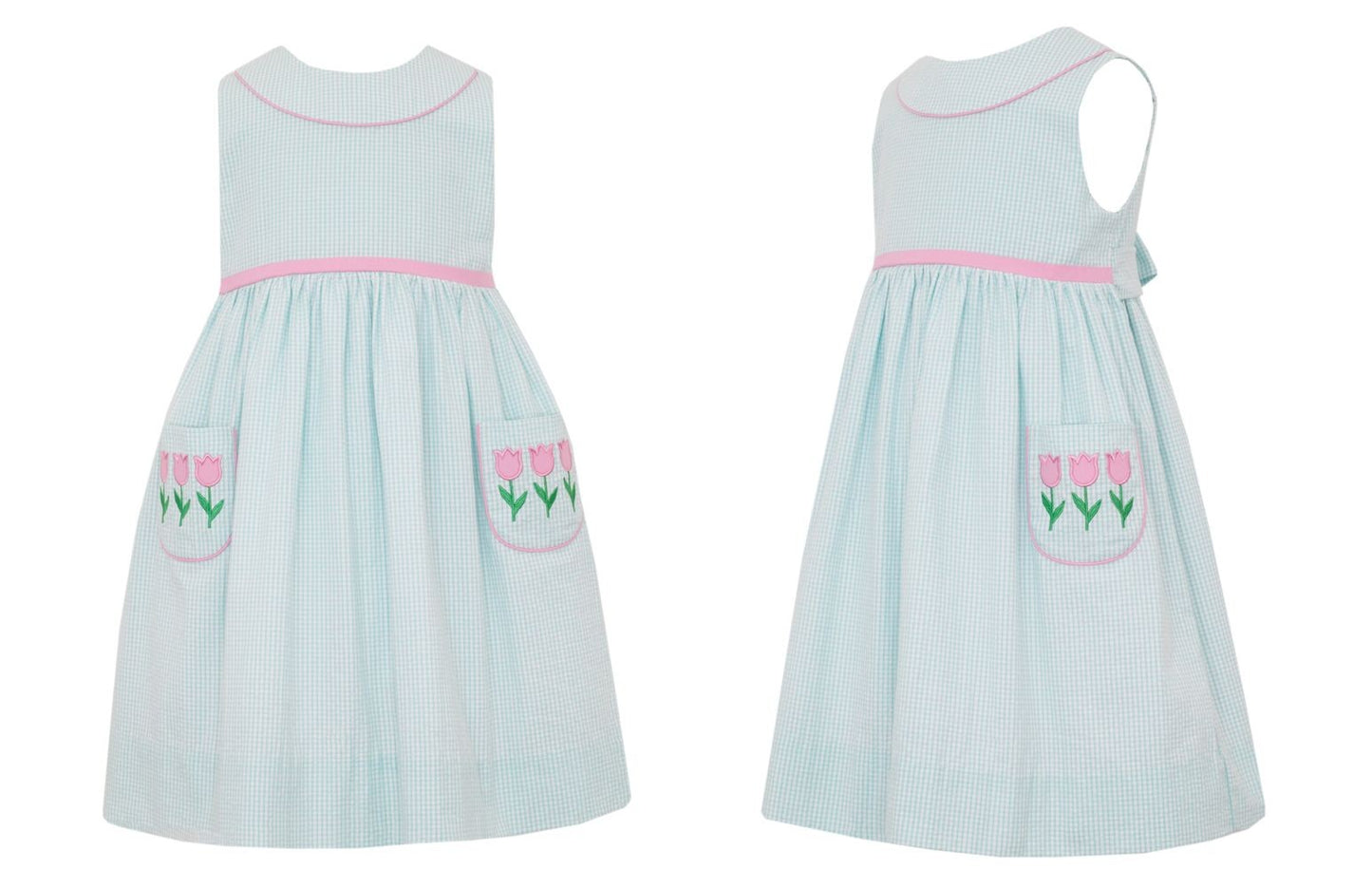 Claire & Charlie Girls Aqua Check Seersucker Sleeveless Dress - Pink Tulips on Pockets by Claire & Charlie