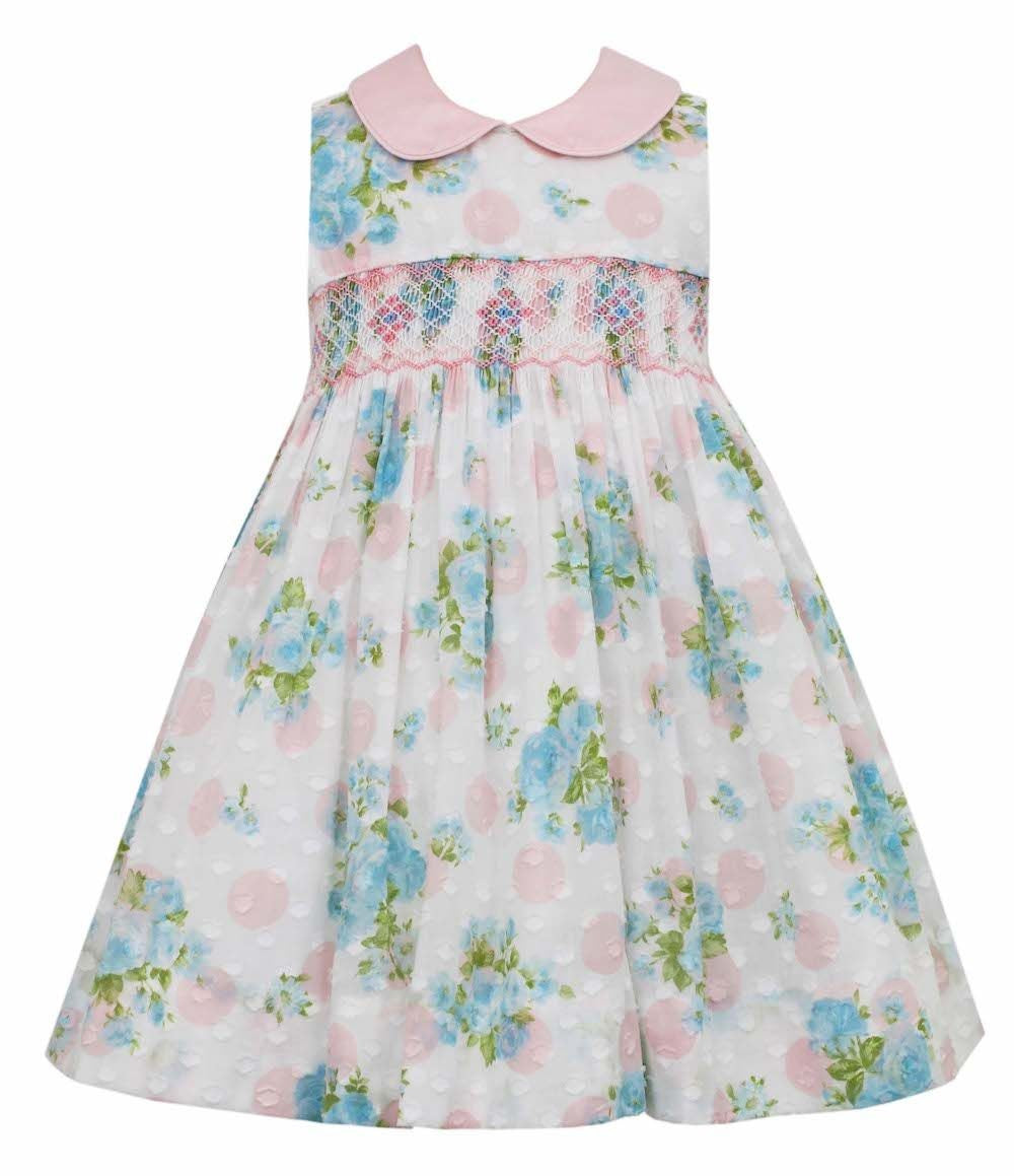 Anavini Couture Girls Sleeveless Smocked Dress - Sheer Pink Floral - Pink Collar