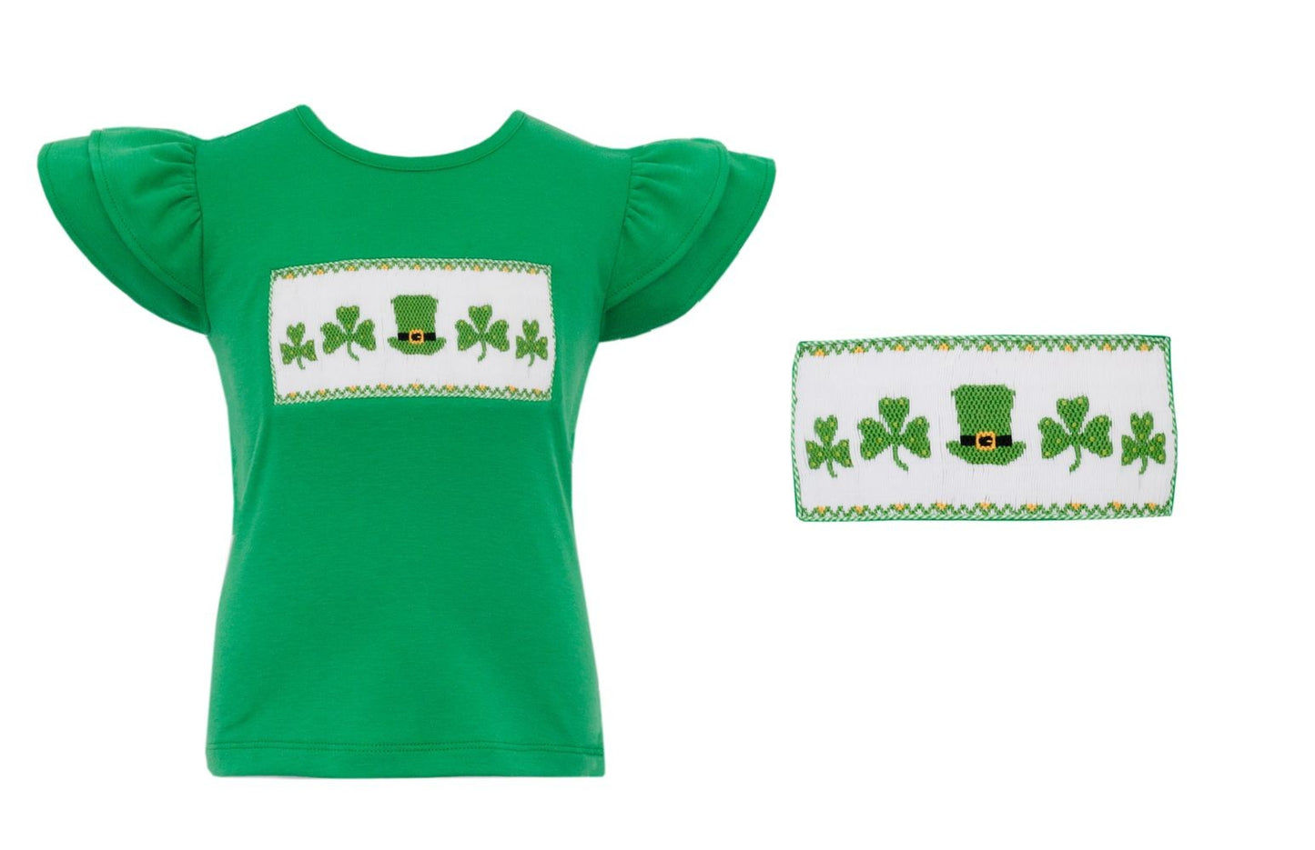 Anavini Velani Girls Green Flutter Sleeve Top - Smocked St. Patrick's Day Shamrocks by Anavini