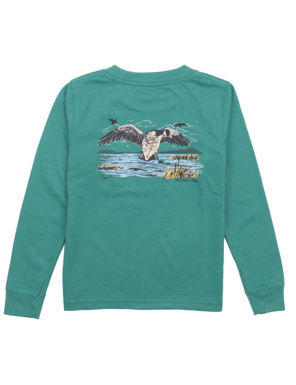 Properly Tied Boys Shirt - Logo Pocket on Front - Back Graphic - Flying Geese on Teal by Properly Tied