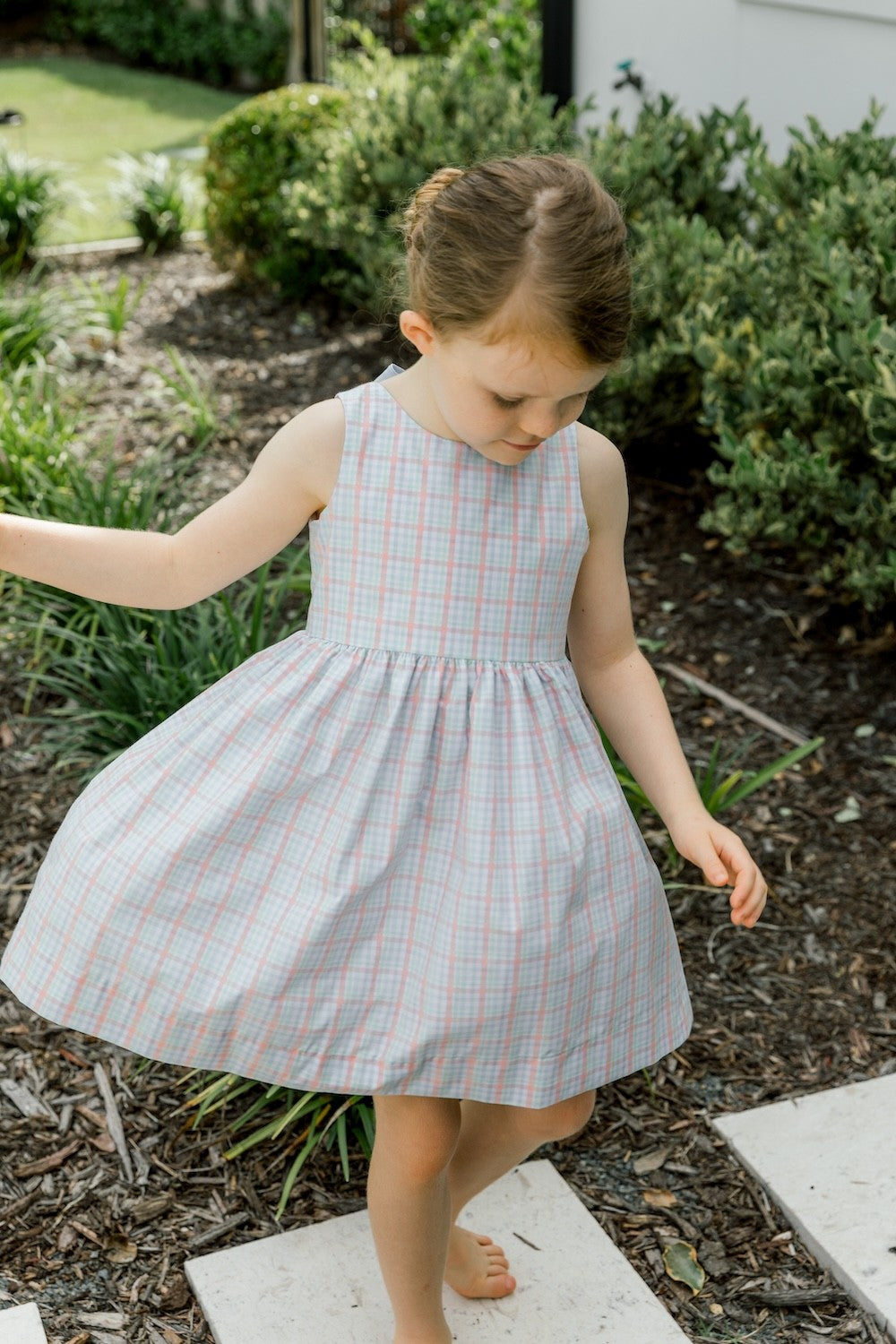 Bailey Boys Girls Dress - Citrus Plaid - Blue Bow on Back