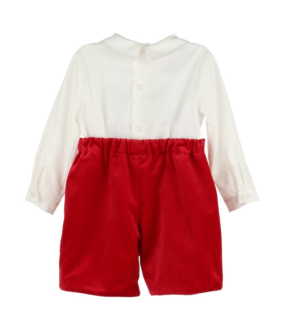 Luli & Me Boys Deluxe Velvet Shorts Set - Embroidery Shirt - Red