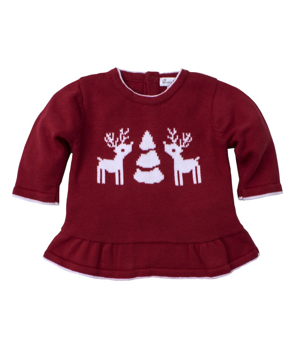 Kissy Kissy Baby Girls Red Reindeer Sweater with Peplum