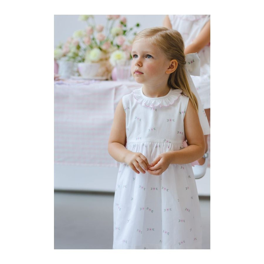 Sal & Pimenta Girls Sleeveless Dress - Pink Bows at Sides - Pink Blossoms