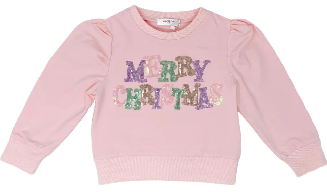 LuLu BeBe Girls Merry Christmas Pastel Sequins Puff Sleeve Top - Pink