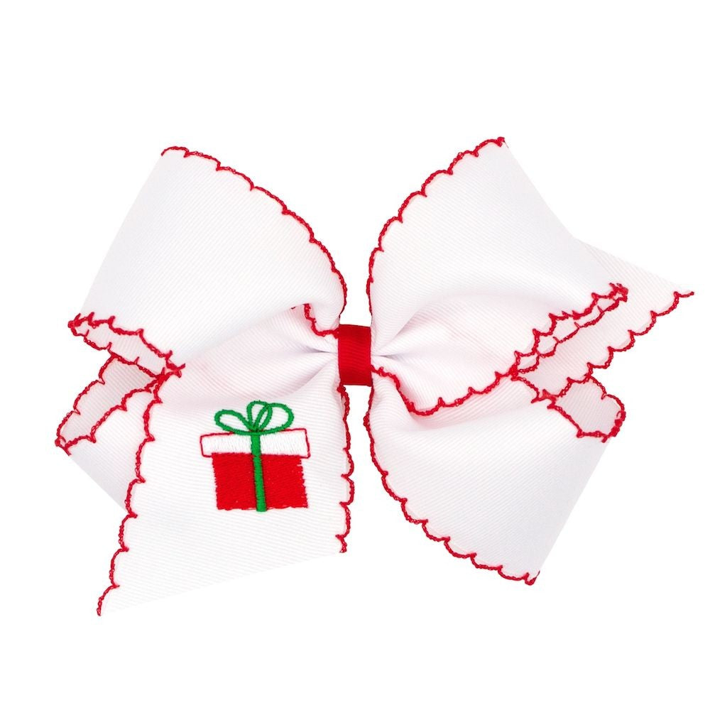 Wee Ones Girls White Hair Bow - Red Moonstitch - Embroidered Christmas Present by Wee Ones