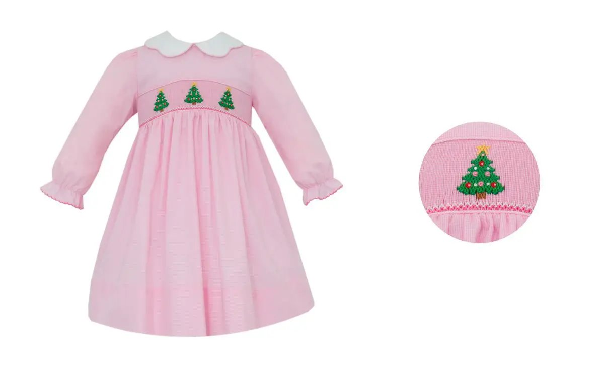 Petit Bebe Girls Pink Microcheck Xmas Trees Long Sleeve Dress by Petit Bebe