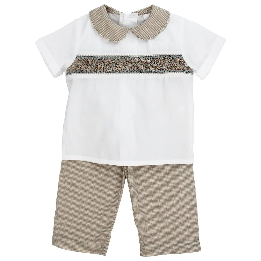 Bailey Boys Pant Set - Khaki Microcheck with Blue Geometry Pattern