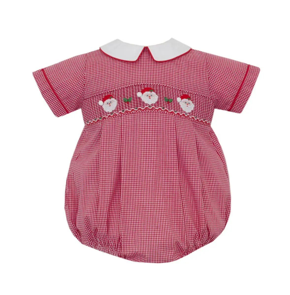 Petit Bebe Boys Red Gingham Santa Face Short Sleeve Bubble by Petit Bebe