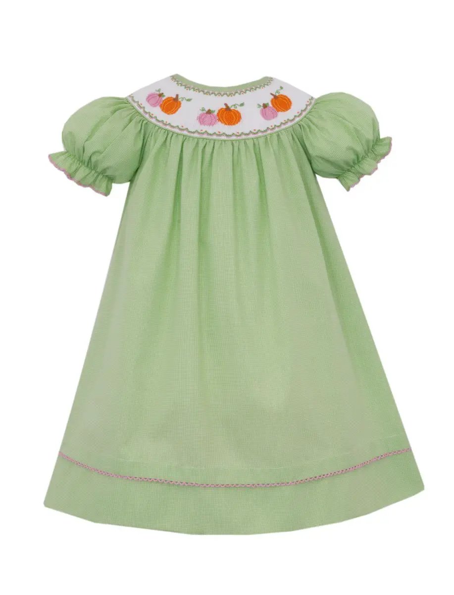 Anavini Girls Green Microcheck Smocked Pumpkin Short Sleeve Bishop Dress