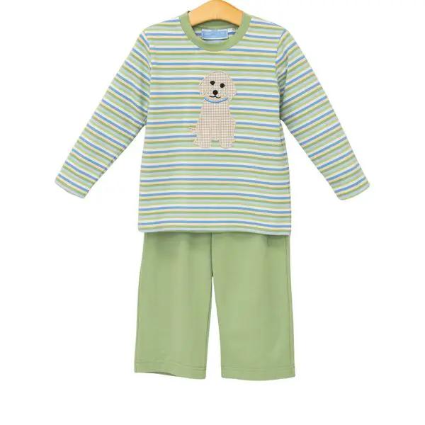 Trotter Street Kids Boys Green Stripe Puppy Pant Set