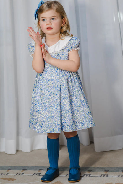 Sal & Pimenta Girls Blue Liberty Snowflake Floral Dress - Fancy Collar by Sal & Pimenta