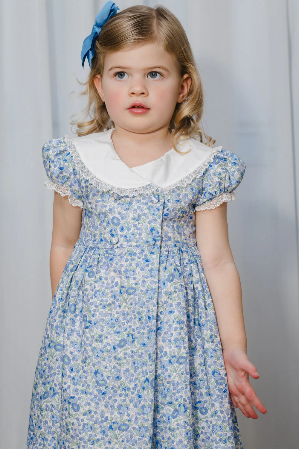 Sal & Pimenta Girls Blue Liberty Snowflake Floral Dress - Fancy Collar   Best Dressed Child