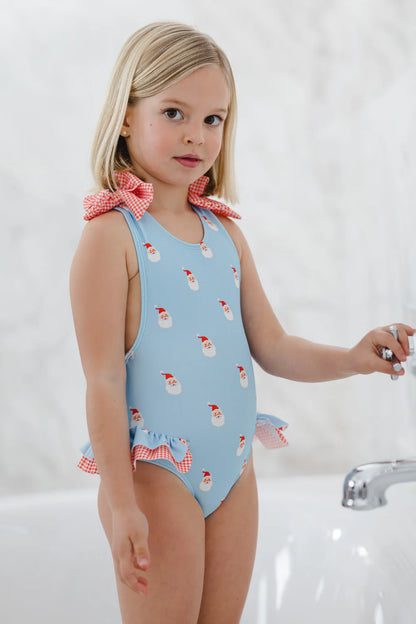 Sal & Pimenta Girls Swimsuit - Bows on Shoulders - Blue Santa Claus Tell Me Print