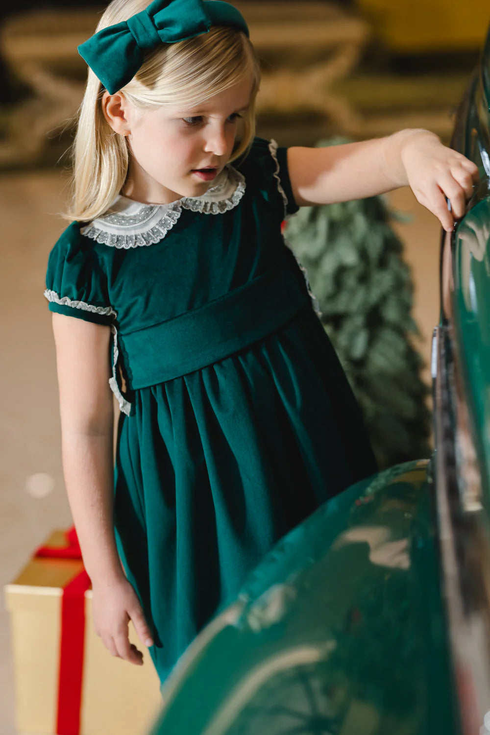 Sal & Pimenta Girls Green Velvet Christmas Dress with Collar & Sash by Sal & Pimenta